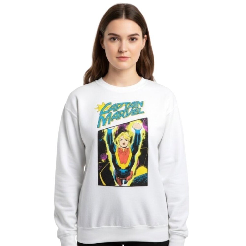 Marvel CAPTAIN MARVEL Soaring Girls White Women Pullover Sweatshirt (M) NWT